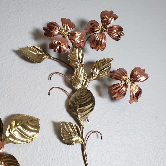 Vintage Metal Floral Wall Decor Brass & Copper Dogwood Flower Leaf MCM Set Of 4 - Picture 2 of 11